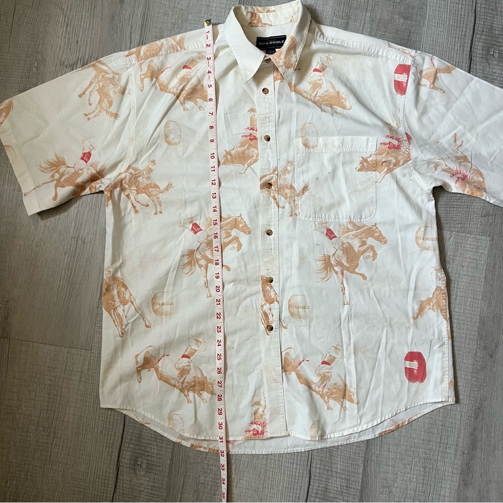 VINTAGE BIT & BRIDLE Western Cowboy Print Short Sleeve Shirt Large Rodeo Horse - Picture 11 of 14